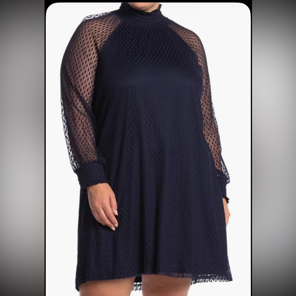 Nina Leonard Shirred Mock Neck Lace Trapeze Dress- Size 2x - Navy